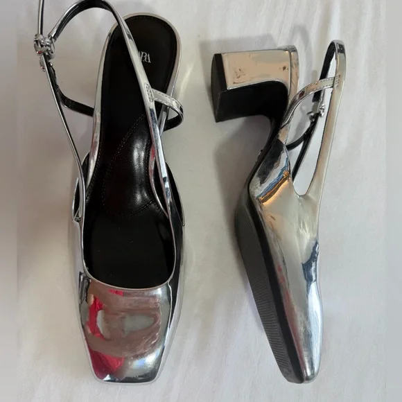Zara Metallic Silver Slingback shoes heels size 8 Eur 39 - Picture 4 of 11